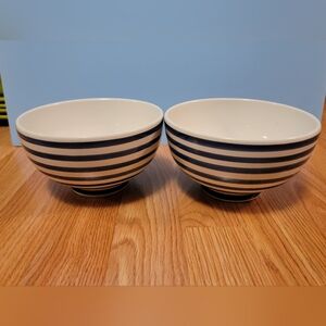 Pair of ceramic bowls with a Navy blue and white striped design. USED.
